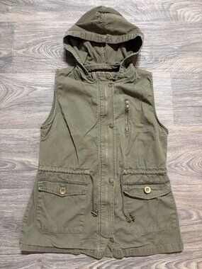 C’Est Toi Sleeveless Cargo Utility Vest Jacket Small Y2K Hooded Army Green